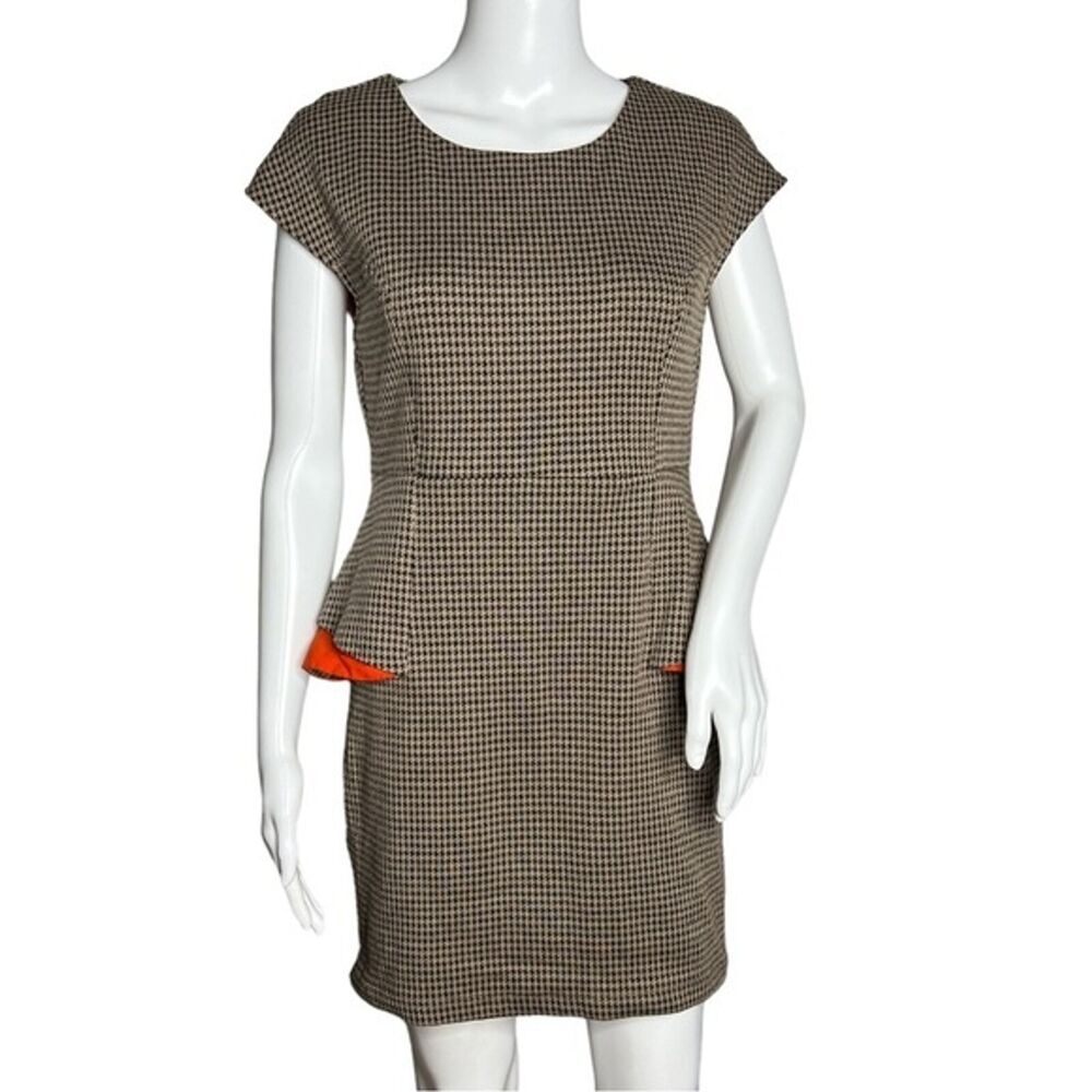 Esley Dress Womens Medium Brown Black Houndstooth Peplum Sheath Orange Accents